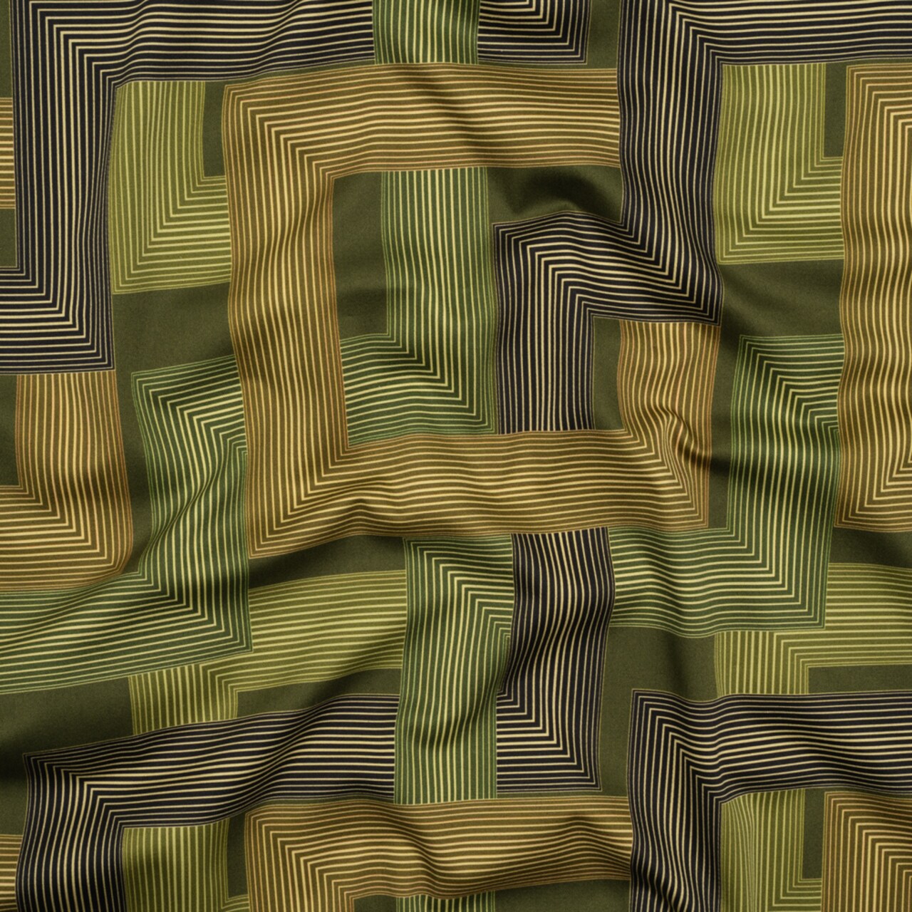 1 yard Stretch Cotton Sateen Olive and Hunter Green Geometric Lines Hedge Maze Print Acadia Collection